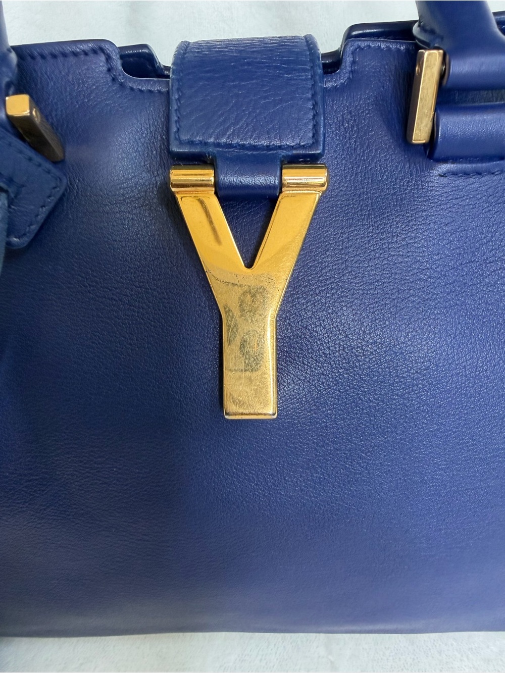 Saint Laurent Y Cabas Blue Leather Satchel with Gold Y Detail - Picture 7 of 9